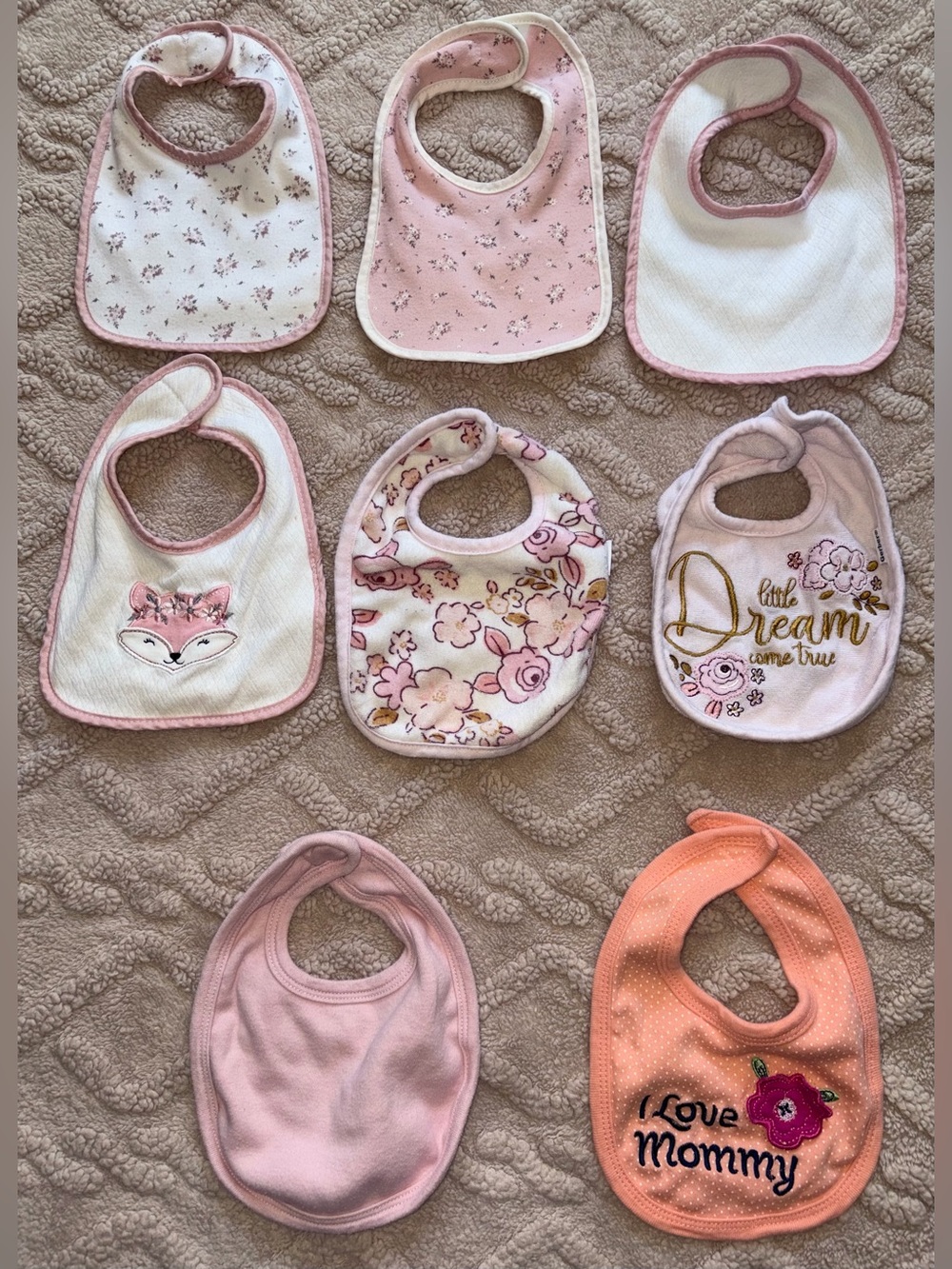 Girl Bib Lot - One Size Pink Bibs W/ Cute Prints & Velcro Closure, Bundle Of 8
